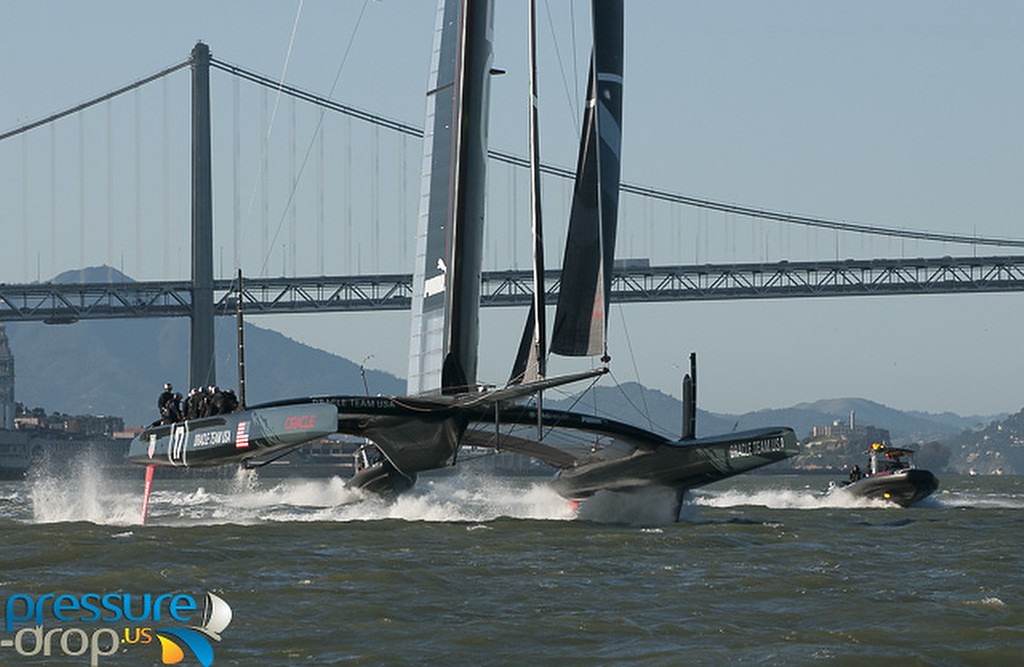 Oracle Team USA, foil borne and bow high in San Francisco photo copyright Erik Simonson www.pressure-drop.us http://www.pressure-drop.us taken at  and featuring the  class