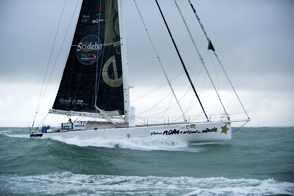 SAILING - VENDEE GLOBE 2012/2013 - LES SABLES D'OLONNE (FRA) - 10/02/13 - PHOTO OLIVIER BLANCHET / DPPI - VENDEE GLOBE FINISH FOR BERTRAND DE BROC (FRA) / VOTRE NOM AUTOUR DU MONDE IN 92D 17H 10MN 14SEC (12H PENALTY INCLUDED) photo copyright  Olivier Blanchet / DPPI / Vendee Globe http://www.vendeeglobe.org/ taken at  and featuring the  class