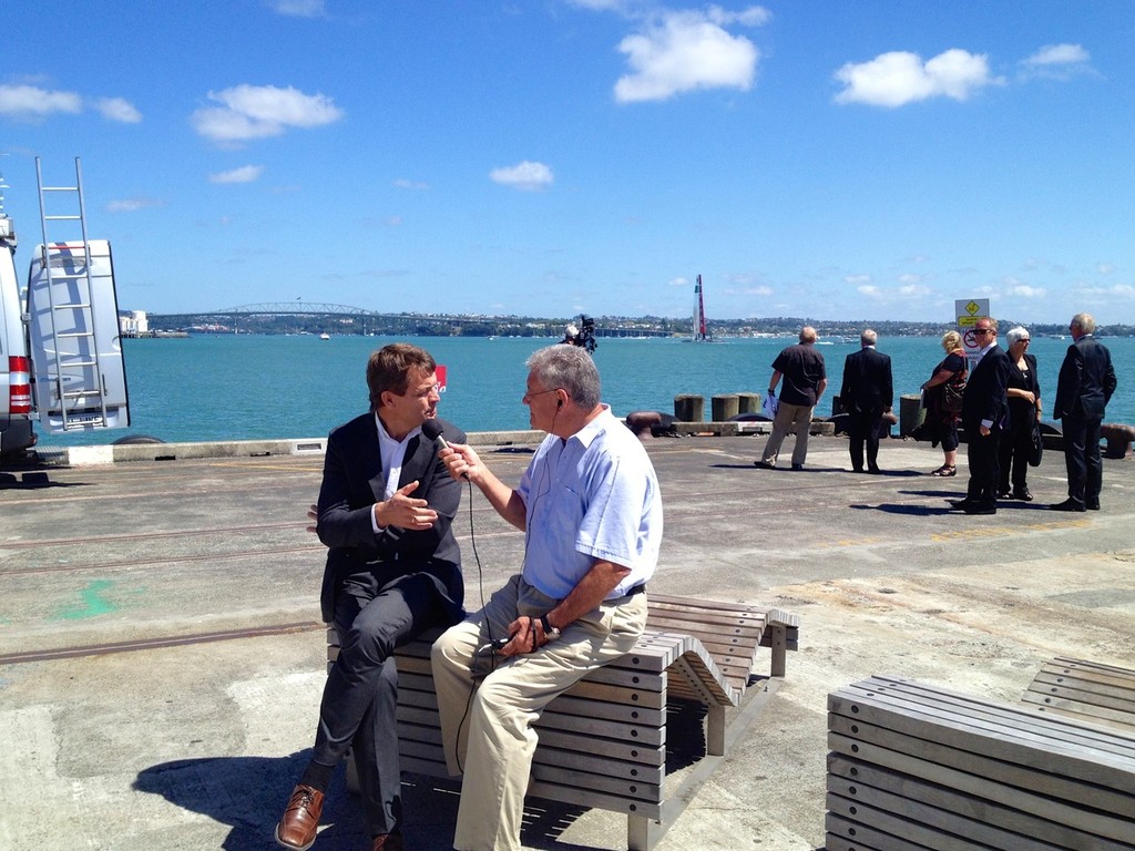 Top international yachting commentator, Peter Montgomery interviews Volvo Ocean Race CEO, Knut Frostad, as Luna Rossa’s AC72 heads out for another training session after this morning’s announcement of Auckland as a two-edition stopover for the Volvo Ocean Race © Richard Gladwell www.photosport.co.nz