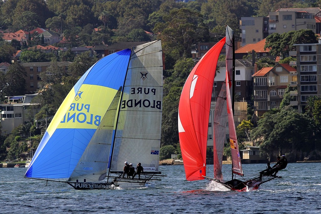 Pure Blond and Gotta Lobve It 7 -  JJ Giltinan 18ft Skiff Championship 2013, Race 4 photo copyright Frank Quealey /Australian 18 Footers League http://www.18footers.com.au taken at  and featuring the  class