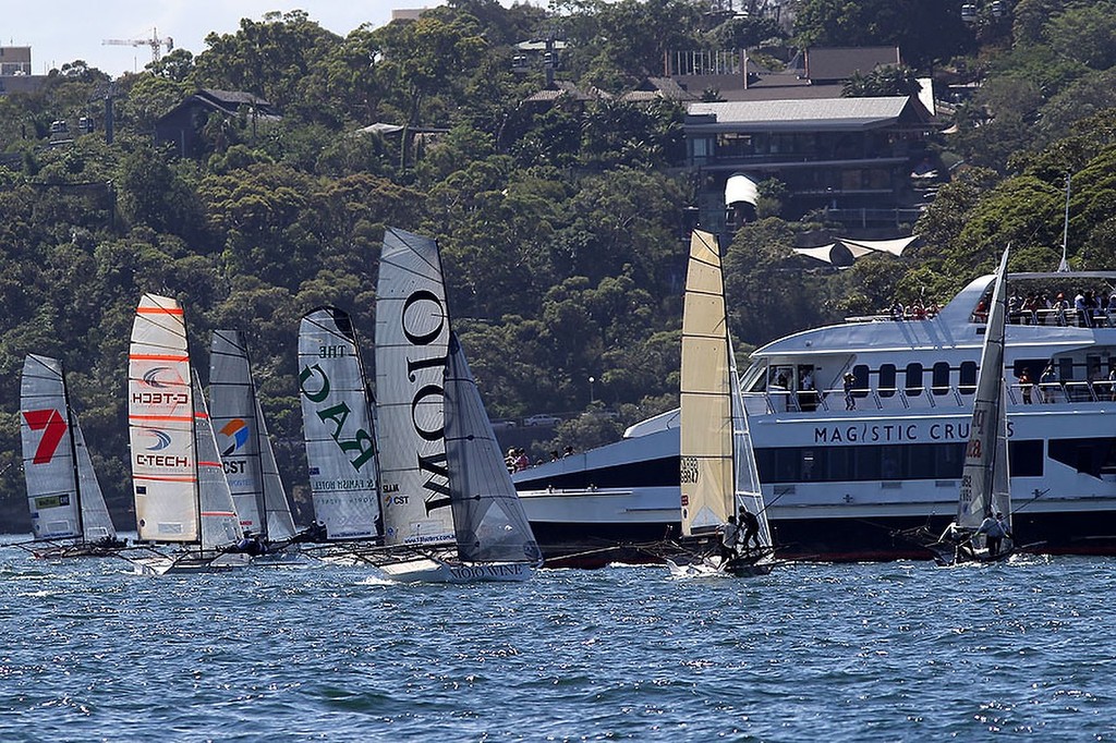 The ferry and the fleet shortly after the start - - JJ Giltinan 18ft Skiff Championship 2013, Race 3 photo copyright Frank Quealey /Australian 18 Footers League http://www.18footers.com.au taken at  and featuring the  class
