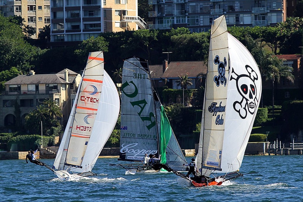 The Rag spinnaker comes down as C-Tech and appliancesonline close in - - JJ Giltinan 18ft Skiff Championship 2013, Race 3 photo copyright Frank Quealey /Australian 18 Footers League http://www.18footers.com.au taken at  and featuring the  class