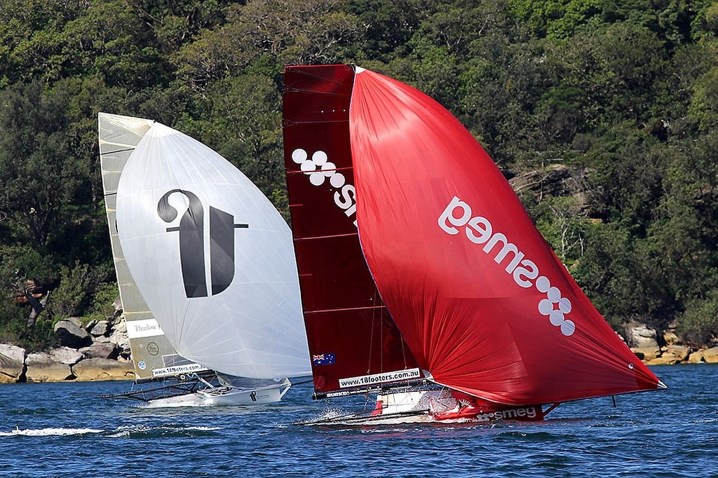 Thurlow Fisher chases Smeg to the wing mark - - JJ Giltinan 18ft Skiff Championship 2013, Race 3 photo copyright Frank Quealey /Australian 18 Footers League http://www.18footers.com.au taken at  and featuring the  class