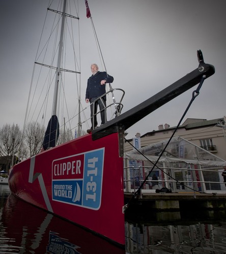 Sir Robin Knox-Johnston onboard one of the new Clipper 70 fleet of yachts in St Katherine’s Dock London © onEdition http://www.onEdition.com