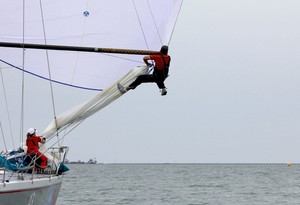 Wild Oats' bowman goes out to fix an issue with the beak. - Festival of Sails photo copyright  John Curnow taken at  and featuring the  class