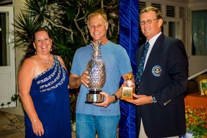 (from left) Race Coordinator Evelyn Harrington, Shockwave’s Captain Reggie Cole, Race Co-chairman Frank May  - 31st Biennial Pineapple Cup – Montego Bay Race photo copyright Suki MacDonald http://www.sukimacphoto.com/ taken at  and featuring the  class