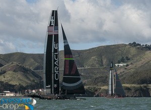 Artemis Racing and Oracle Team USA - San Francisco photo copyright Erik Simonson www.pressure-drop.us http://www.pressure-drop.us taken at  and featuring the  class