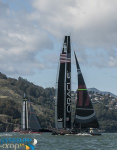 Artemis Racing and Oracle Team USA - San Francisco - February 8, 2013 photo copyright Erik Simonson www.pressure-drop.us http://www.pressure-drop.us taken at  and featuring the  class