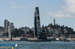 Artemis Racing and Oracle Team USA - San Francisco - February 8, 2013 photo copyright Erik Simonson www.pressure-drop.us http://www.pressure-drop.us taken at  and featuring the  class