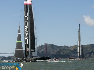 Artemis Racing andOracle Team USA - San Francisco - February 8, 2013 photo copyright Erik Simonson www.pressure-drop.us http://www.pressure-drop.us taken at  and featuring the  class