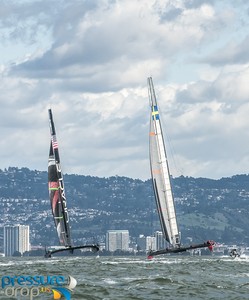 Artemis Racing (red) and Oracle Team USA compete briefly in San Francisco photo copyright Erik Simonson www.pressure-drop.us http://www.pressure-drop.us taken at  and featuring the  class