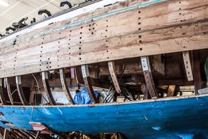 C.F. Koehler's 1928 10-meter Sally has been relaunched following a two year reconstruction from the keel up of this classic thoroughbred. All new Honduras mahogany planking and alternating steam bent oak  with cold-formed steel angles make up the frames. Sally was one of 14 10-meters built at the Abeking and Rasmussen yard in Bremen, Germany. Photo credit must read:  Bob Grieser/OUTSIDEIMAGES.COM Outside Images Photo Agency photo copyright Bob Grieser/Outside Images www.outsideimages.com taken at  and featuring the  class