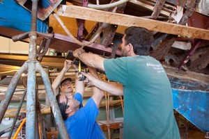 C.F. Koehler hard at work in the boat yard. He and his team are master craftsman boat builders.
C.F. Koehler's 1928 10-meter Sally has been relaunched following a two year reconstruction from the keel up of this classic thoroughbred. All new Honduras mahogany planking and alternating steam bent oak  with cold-formed steel angles make up the frames. Sally was one of 14 10-meters built at the Abeking and Rasmussen yard in Bremen, Germany. Photo credit must read:  Bob Grieser/OUTSIDEIMAGES.COM Outs photo copyright Bob Grieser/Outside Images www.outsideimages.com taken at  and featuring the  class