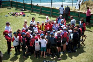 Sandy Bay Sailing Club Vice Commodore Ric Buchanan surrounded by Green fleet sailing for a weaher briefing on the clubhouse lawns - 2013 International Australian Optimist Championship photo copyright Dane Lojek taken at  and featuring the  class