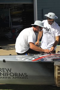 Events Clothing crew prepare their skiff for JJ Giltinan championship photo copyright Frank Quealey /Australian 18 Footers League http://www.18footers.com.au taken at  and featuring the  class