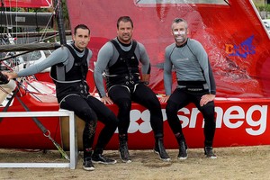 Smeg crew relax after today’s tough 18ft skiff win - 18ft Skiffs: Australian Championship 2013 photo copyright Frank Quealey /Australian 18 Footers League http://www.18footers.com.au taken at  and featuring the  class
