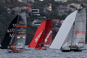 UK&rsquo;s Pica with two local teams on the first spinnaker run - Race 1 JJ Giltinan Trophy photo copyright Frank Quealey /Australian 18 Footers League http://www.18footers.com.au taken at  and featuring the  class