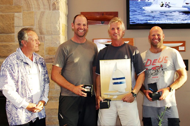 Overall winners Graeme Taylor, Noel Drennan and Ben Morrison-Jack (Steve Jarvin absent) with Paul Woodman looking on in awe. - Entire 2013 Etchells Victorian Championship ©  Alex McKinnon Photography http://www.alexmckinnonphotography.com