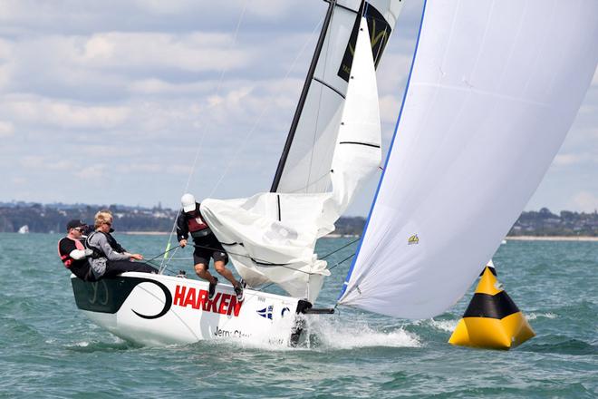Bowman slips overboard in the final race of the Elliott 7’s - Day 3, Auckland Regatta 2013 © Ivor Wilkins