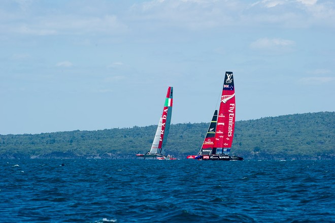 Emirates Team New Zealand training with Luna Rossa in their second AC72, NZL5 on the Hauraki Gulf, Auckland. 1/3/2013 © Chris Cameron/ETNZ http://www.chriscameron.co.nz
