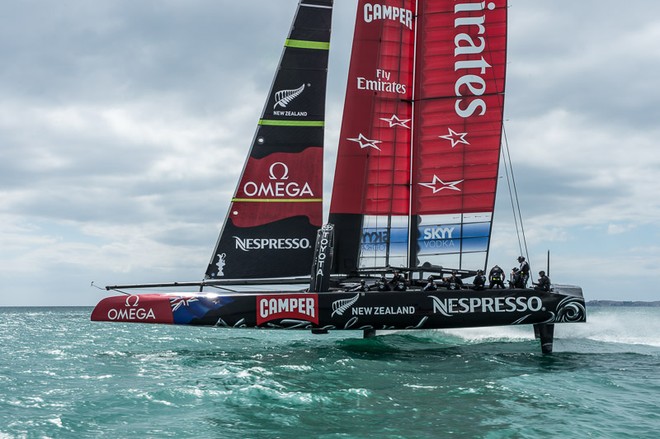 Emirates Team New Zealand training with their second AC72, NZL5 on the Hauraki Gulf, Auckland. 1/3/2013 © Chris Cameron/ETNZ http://www.chriscameron.co.nz