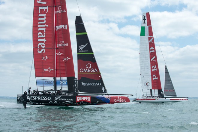Emirates Team New Zealand training with Luna Rossa in their second AC72, NZL5 on the Hauraki Gulf, Auckland. 1/3/2013 © Chris Cameron/ETNZ http://www.chriscameron.co.nz
