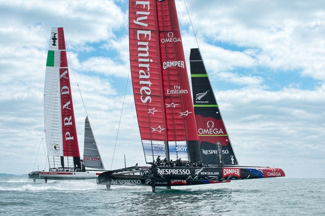 Emirates Team New Zealand training with Luna Rossa in their second AC72, NZL5 on the Hauraki Gulf, Auckland. 1/3/2013 © Chris Cameron/ETNZ http://www.chriscameron.co.nz