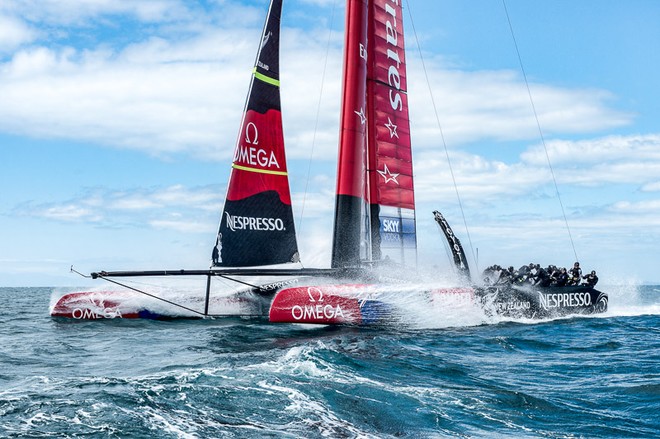 Emirates Team New Zealand training with their second AC72, NZL5 on the Hauraki Gulf, Auckland. 1/3/2013 © Chris Cameron/ETNZ http://www.chriscameron.co.nz