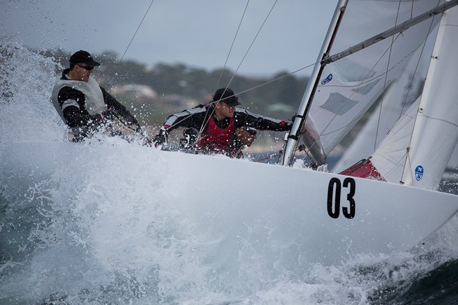 Dirk van der Struyf, AUS832, sailing massive swell at Cronulla for the 2013 NSW State Championship.  - 2013 WA State Championship © Kylie Wilson http://www.positiveimage.com.au