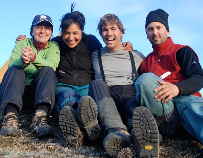 The study’s lead author, Maya Bhatia, second from left, spent seven weeks on the southwestern margin of the Greenland ice sheet in the spring/summer 2008 with her colleagues: WHOI marine chemist Liz Kujawinski, far left, field assistant Ben Gready, second from right, from the University of Alberta, and WHOI marine chemist Matt Charette, far right. Other colleagues included glaciologist Sarah B. Das, and chemistry research associates Crystaline F. Breier and Paul Henderson, all from WHOI. © Matt Charette, WHOI http://www.whoi.edu/