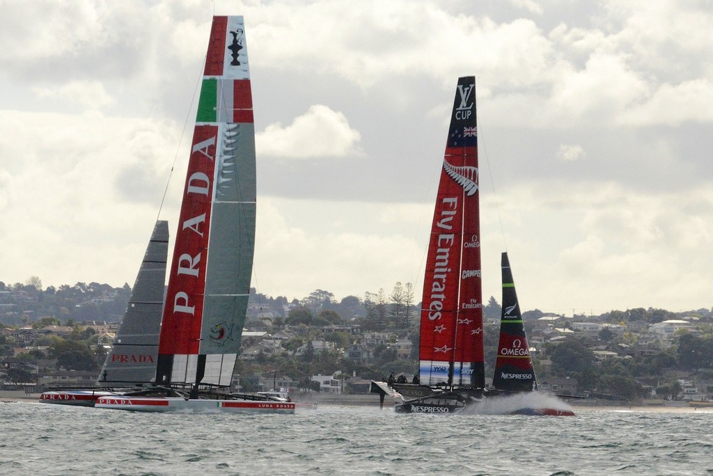 NZA has rounded and is accelerating through the ``Zone of Death`` - Emirates Team NZ and Luna Rossa Race Training - March 6, 2013 photo copyright Sail-World.com/NZ  taken at  and featuring the  class