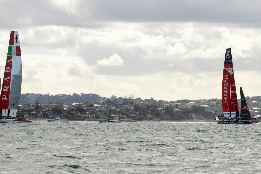 About three boat lengths from the mark, NZA is now foiling and away down the run with Luna Rossa yet to round - Emirates Team NZ and Luna Rossa Race Training - March 6, 2013 photo copyright Sail-World.com/NZ  taken at  and featuring the  class