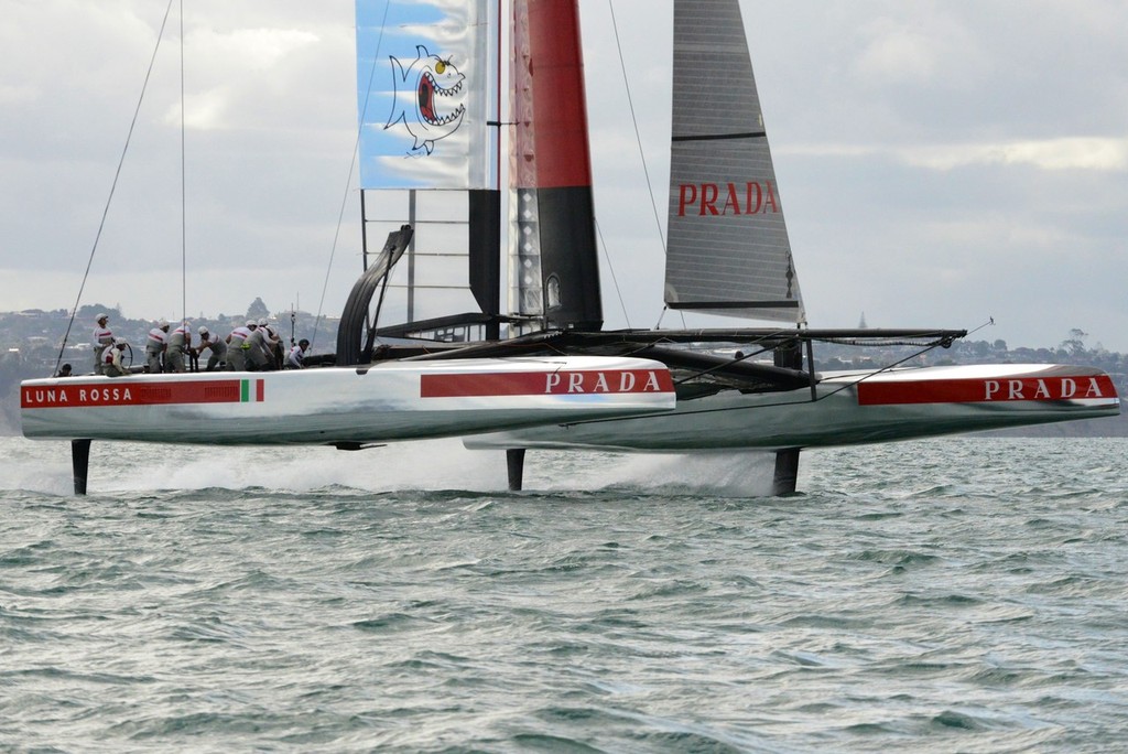 Luna Rossa approaches the camera boat in full and steady flight - Emirates Team NZ and Luna Rossa Race Training - March 6, 2013 photo copyright Sail-World.com/NZ  taken at  and featuring the  class