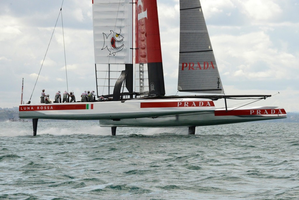 Luna Rossa in full flight - Emirates Team NZ and Luna Rossa Race Training - March 6, 2013 photo copyright Sail-World.com/NZ  taken at  and featuring the  class