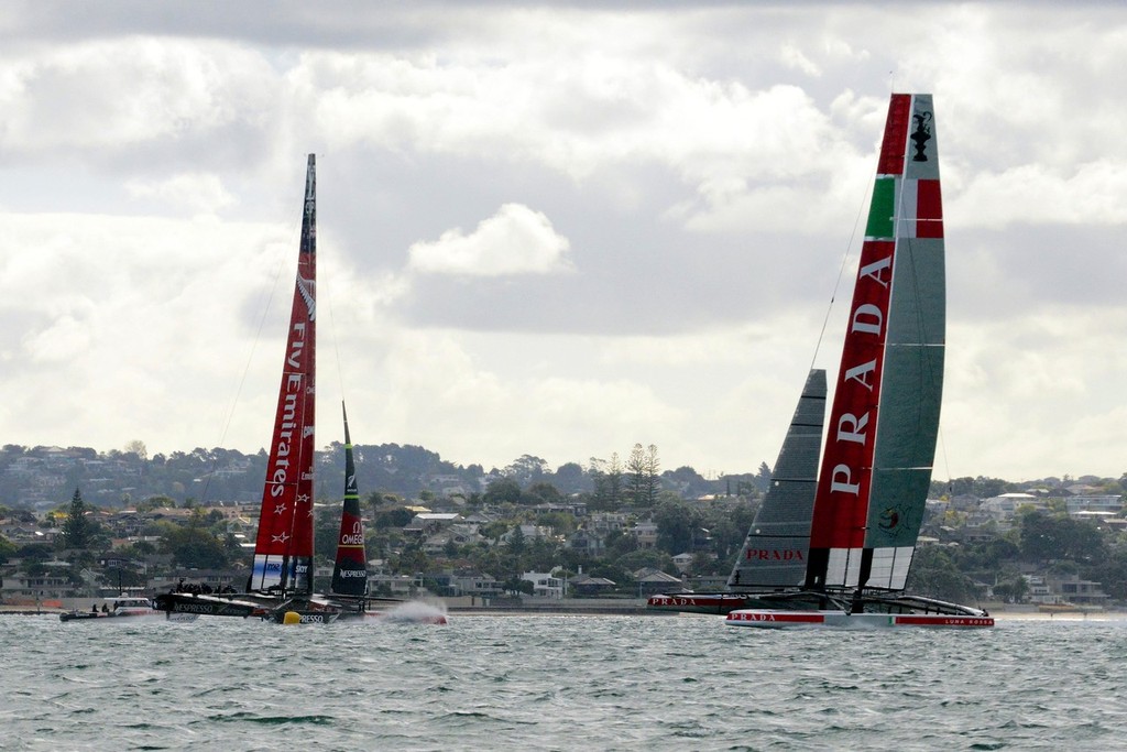 NZA has just rounded and is accelerating through the ``Zone of Death`` - Emirates Team NZ and Luna Rossa Race Training - March 6, 2013 photo copyright Sail-World.com NZL http://www.sail-world.com/nz taken at  and featuring the  class