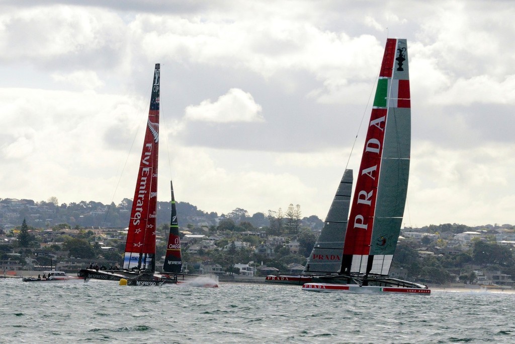 NZA has just rounded and is accelerating through the ``Zone of Death`` - Emirates Team NZ and Luna Rossa Race Training - March 6, 2013 photo copyright Sail-World.com NZL http://www.sail-world.com/nz taken at  and featuring the  class