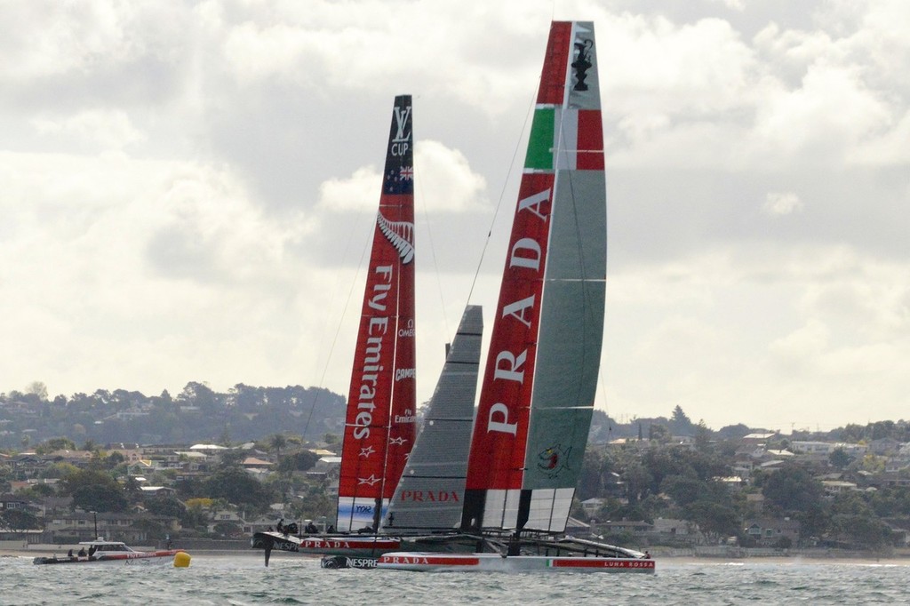 NZA has rounded with Luna Rossa approaching - Emirates Team NZ and Luna Rossa Race Training - March 6, 2013 photo copyright Sail-World.com NZL http://www.sail-world.com/nz taken at  and featuring the  class