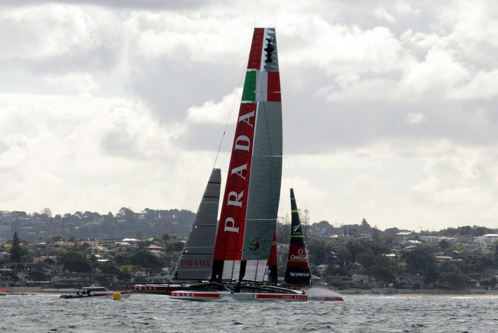 Luna Rossa closes in on the mark with NZA to windward - Emirates Team NZ and Luna Rossa Race Training - March 6, 2013 photo copyright Sail-World.com NZL http://www.sail-world.com/nz taken at  and featuring the  class