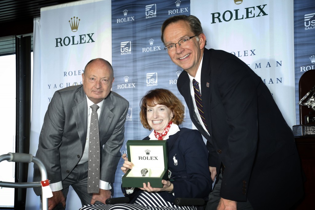 From left to right: Rolex Watch U.S.A. President and CEO Stewart Wicht with 2012 Rolex Yachtswoman of the year Jennifer French and US Sailing President Tom Hubbell  &copy; Tom O'Neal / Rolex