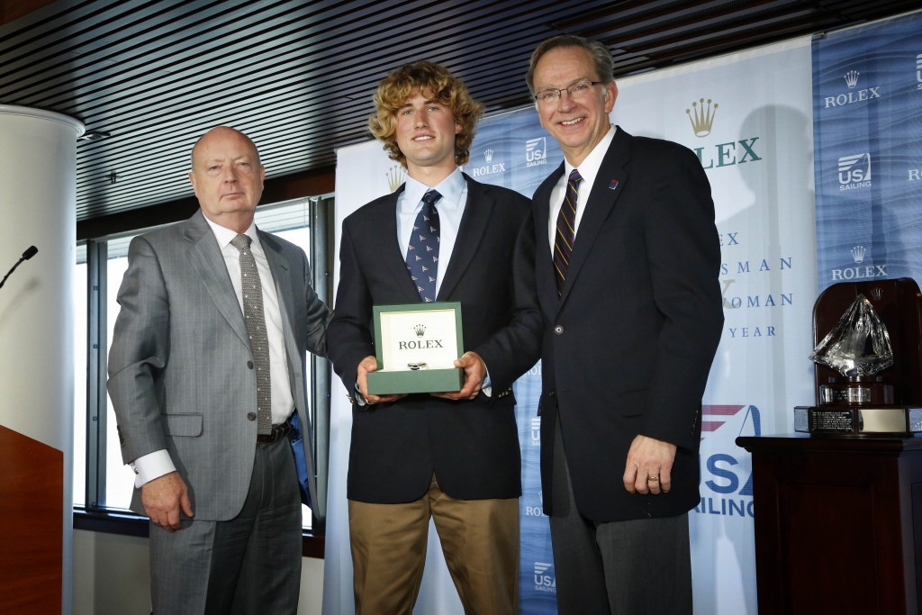 From left to right: Rolex Watch U.S.A. President and CEO Stewart Wicht with 2012 Rolex Yachtsman of the year Johnny Heineken and US Sailing President Tom Hubbell &copy; Tom O'Neal / Rolex