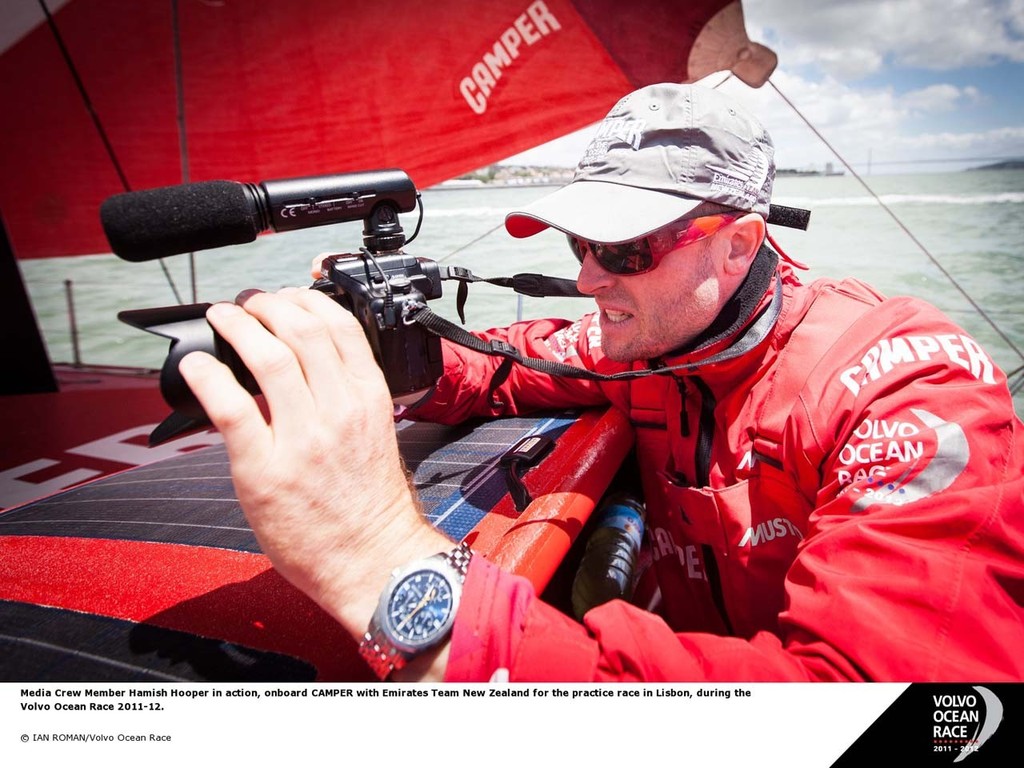 Media Crew Member Hamish Hooper in action, onboard Camper with Emirates Team New Zealand for the practice race in Lisbon, during the Volvo Ocean Race 2011-12 © Ian Roman/Volvo Ocean Race http://www.volvooceanrace.com