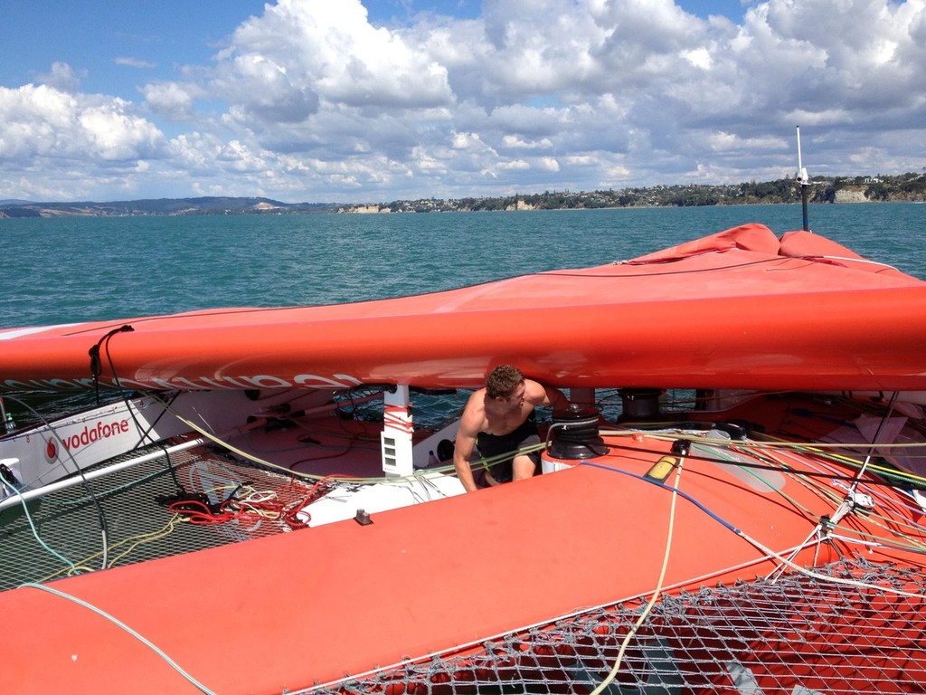 TeamVodafoneSailing dropped her wingmast soon after the start of Race 3 - Day 1, Auckland Cup 2013 © TeamVodafoneSailing www.teamvodafonesailing.co.nz