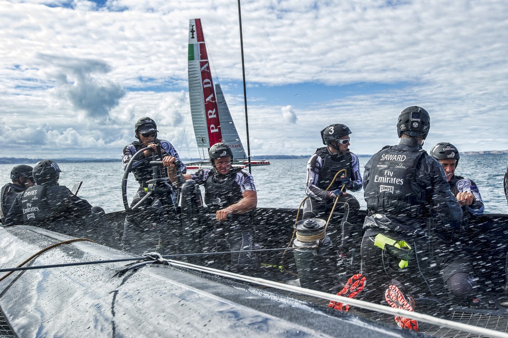 On board NZL5 as Emirates Team New Zealand practice race against Luna Rossa on the Hauraki Gulf. 20/2/2013 © Chris Cameron/ETNZ http://www.chriscameron.co.nz