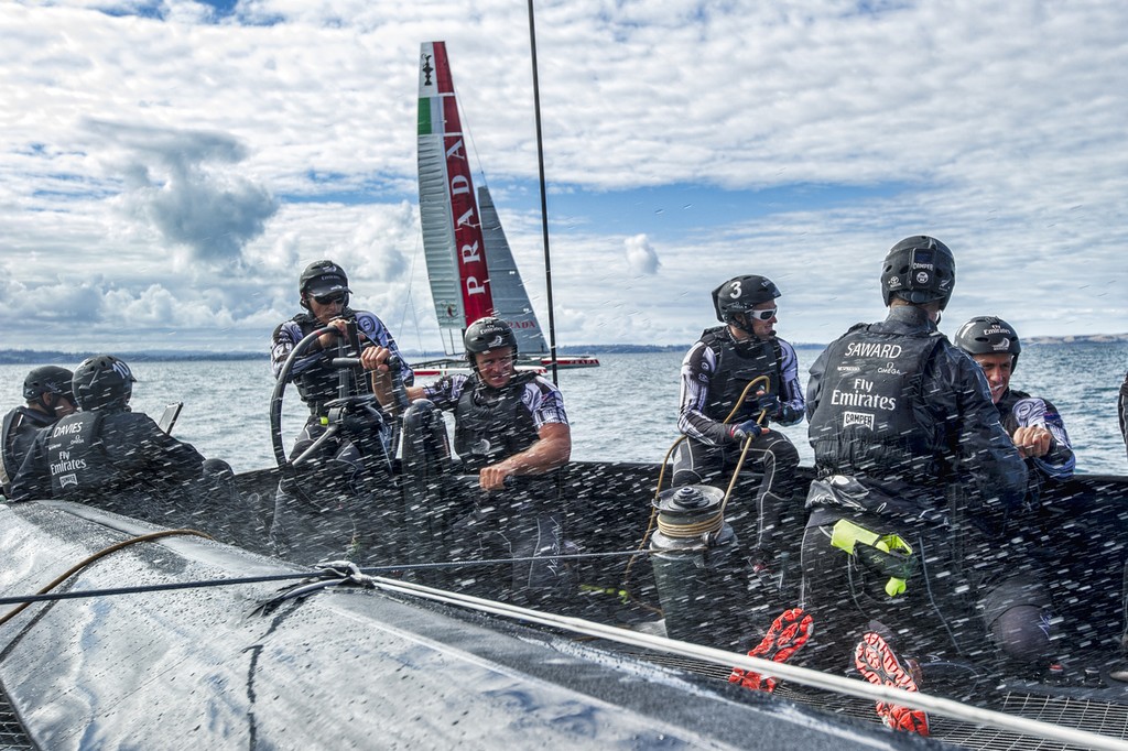 On board NZL5 as Emirates Team New Zealand practice race against Luna Rossa on the Hauraki Gulf. 20/2/2013 photo copyright Chris Cameron/ETNZ http://www.chriscameron.co.nz taken at  and featuring the  class