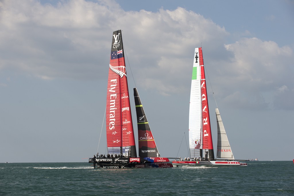 Emirates Team New Zealand and Luna Rossa start a practice race on the Hauraki Gulf.  8/3/2013 - Emiratres Team NZ and Luna Rossa, Practice Racing March 8, 2013, Takapuna, NZNZ photo copyright Chris Cameron/ETNZ http://www.chriscameron.co.nz taken at  and featuring the  class