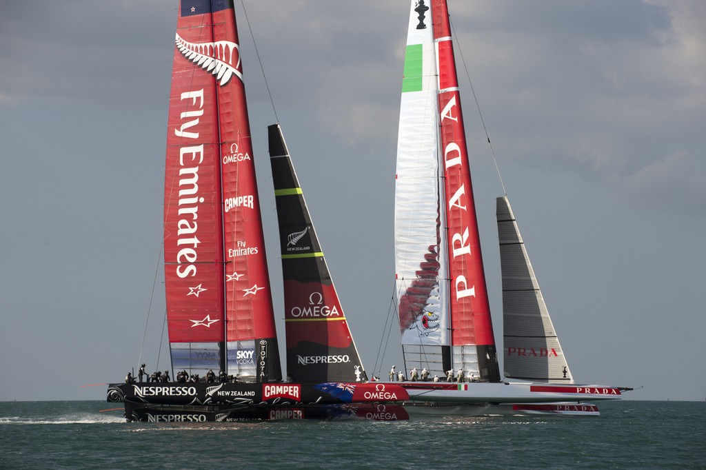 Emirates Team New Zealand and Luna Rossa start a practice race on the Hauraki Gulf.  8/3/2013 - Emiratres Team NZ and Luna Rossa, Practice Racing March 8, 2013, Takapuna, NZNZ photo copyright Chris Cameron/ETNZ http://www.chriscameron.co.nz taken at  and featuring the  class