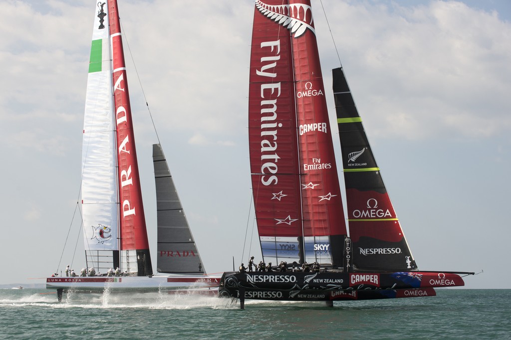 Emirates Team New Zealand and Luna Rossa on the first reaching leg of a practice race on the Hauraki Gulf.  © Chris Cameron/ETNZ http://www.chriscameron.co.nz