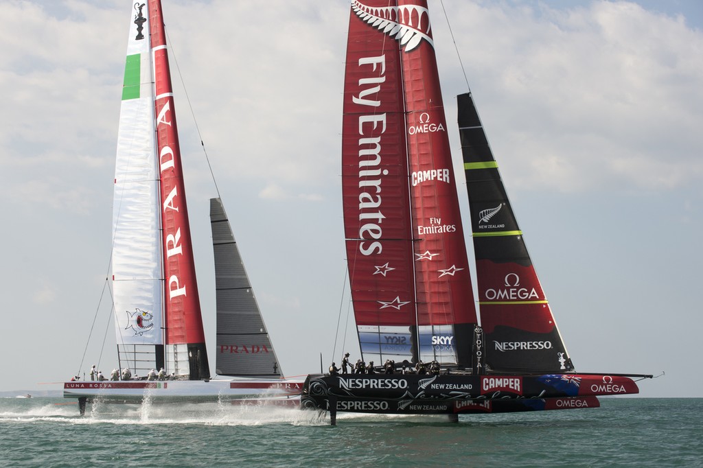 Emirates Team New Zealand and Luna Rossa on the first reaching leg of a practice race on the Hauraki Gulf.  8/3/2013 - Emiratres Team NZ and Luna Rossa, Practice Racing March 8, 2013, Takapuna, NZNZ photo copyright Chris Cameron/ETNZ http://www.chriscameron.co.nz taken at  and featuring the  class