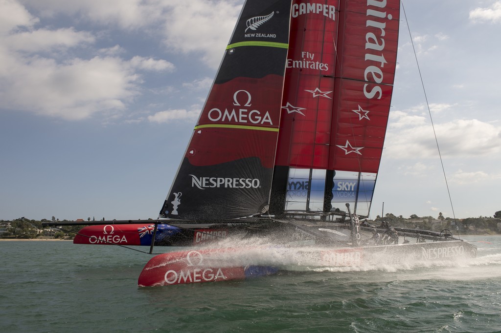 Emirates Team New Zealand enters the start box for a practice race with Luna Rossa  on the Hauraki Gulf.   © Chris Cameron/ETNZ http://www.chriscameron.co.nz