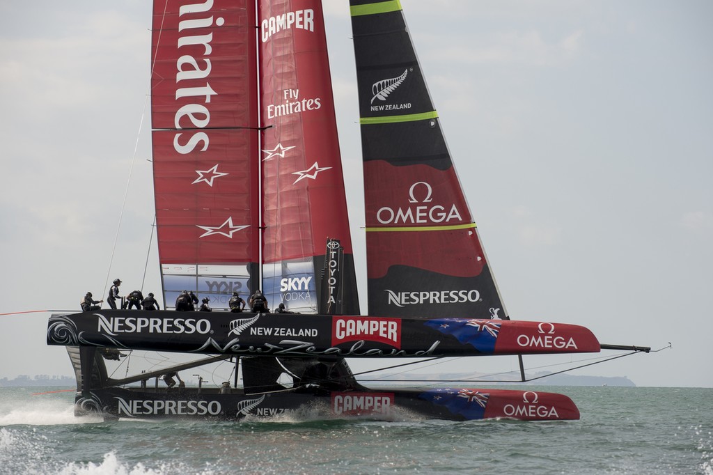 Emirates Team New Zealand in a practice race with Luna Rossa  on the Hauraki Gulf.  8/3/2013 - Emiratres Team NZ and Luna Rossa, Practice Racing March 8, 2013, Takapuna, NZNZ photo copyright Chris Cameron/ETNZ http://www.chriscameron.co.nz taken at  and featuring the  class